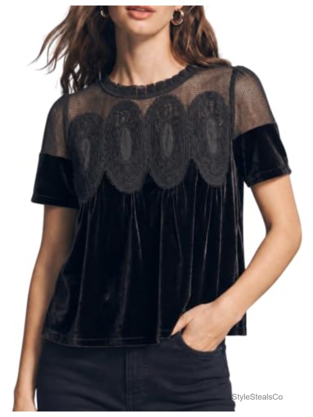 Velvet Lace Short Sleeve Flowy Blouse
